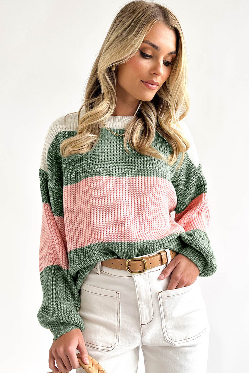 Green-2 Pink Colorblock Drop Shoulder Pullover Loose Sweater Sweaters & Cardigans JT's Designer Fashion