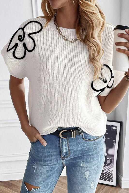 White Floral Pattern Short Batwing Sleeve Sweater Sweaters & Cardigans JT's Designer Fashion