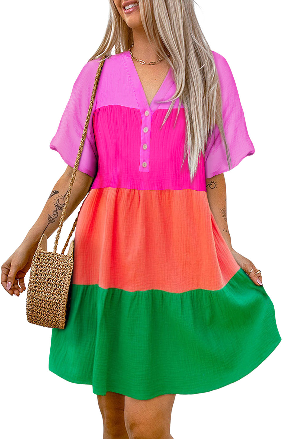 Multicolor Color Block Tiered Puff Sleeve Dress Mini Dresses JT's Designer Fashion