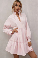 Pink Frilled Stand Collar Long Sleeve Ruffle Dress Mini Dresses JT's Designer Fashion