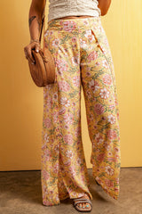 Yellow Thigh High Split Wide Leg Floral Pants Bottoms JT's Designer Fashion