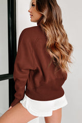 Brown Zip Up Stand Collar Ribbed Thumbhole Sleeve Sweatshirt Sweatshirts & Hoodies JT's Designer Fashion