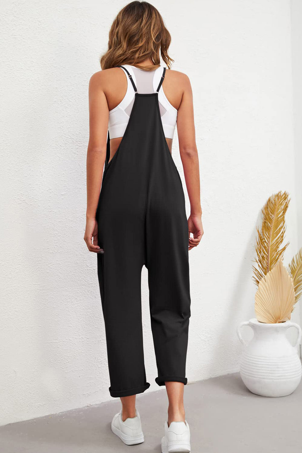 Black Pocketed Adjustable Spaghetti Strap Straight Leg Jumpsuit Jumpsuits & Rompers JT's Designer Fashion