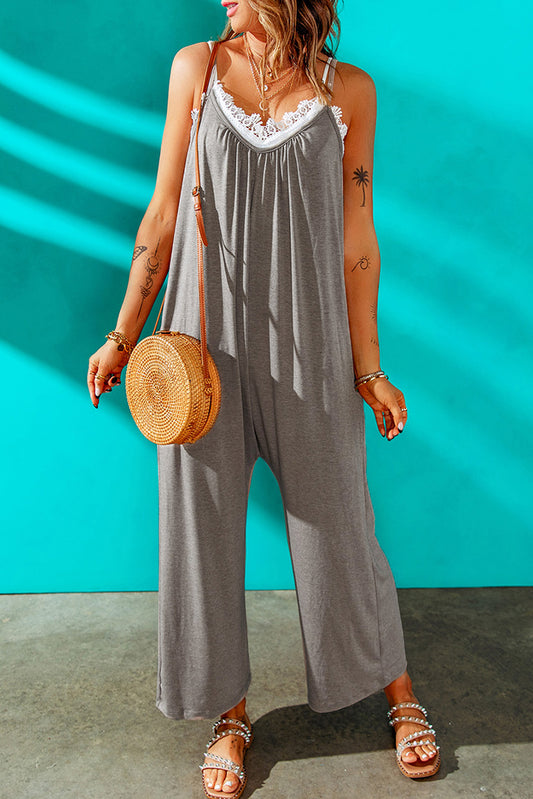 Gray Spaghetti Straps Wide Leg Pocketed Jumpsuits Gray 95%Polyester+5%Spandex Jumpsuits & Rompers JT's Designer Fashion