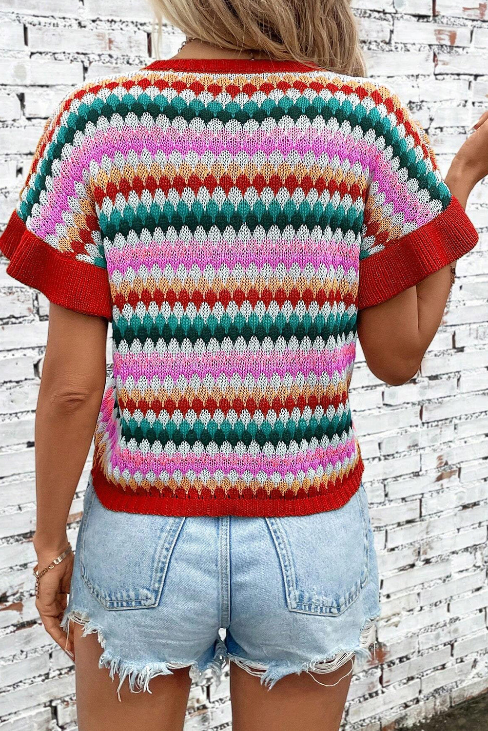 Fiery Red Trimmed Ruffle Sleeve Colorful Textured Sweater Sweaters & Cardigans JT's Designer Fashion