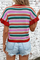 Fiery Red Trimmed Ruffle Sleeve Colorful Textured Sweater Sweaters & Cardigans JT's Designer Fashion