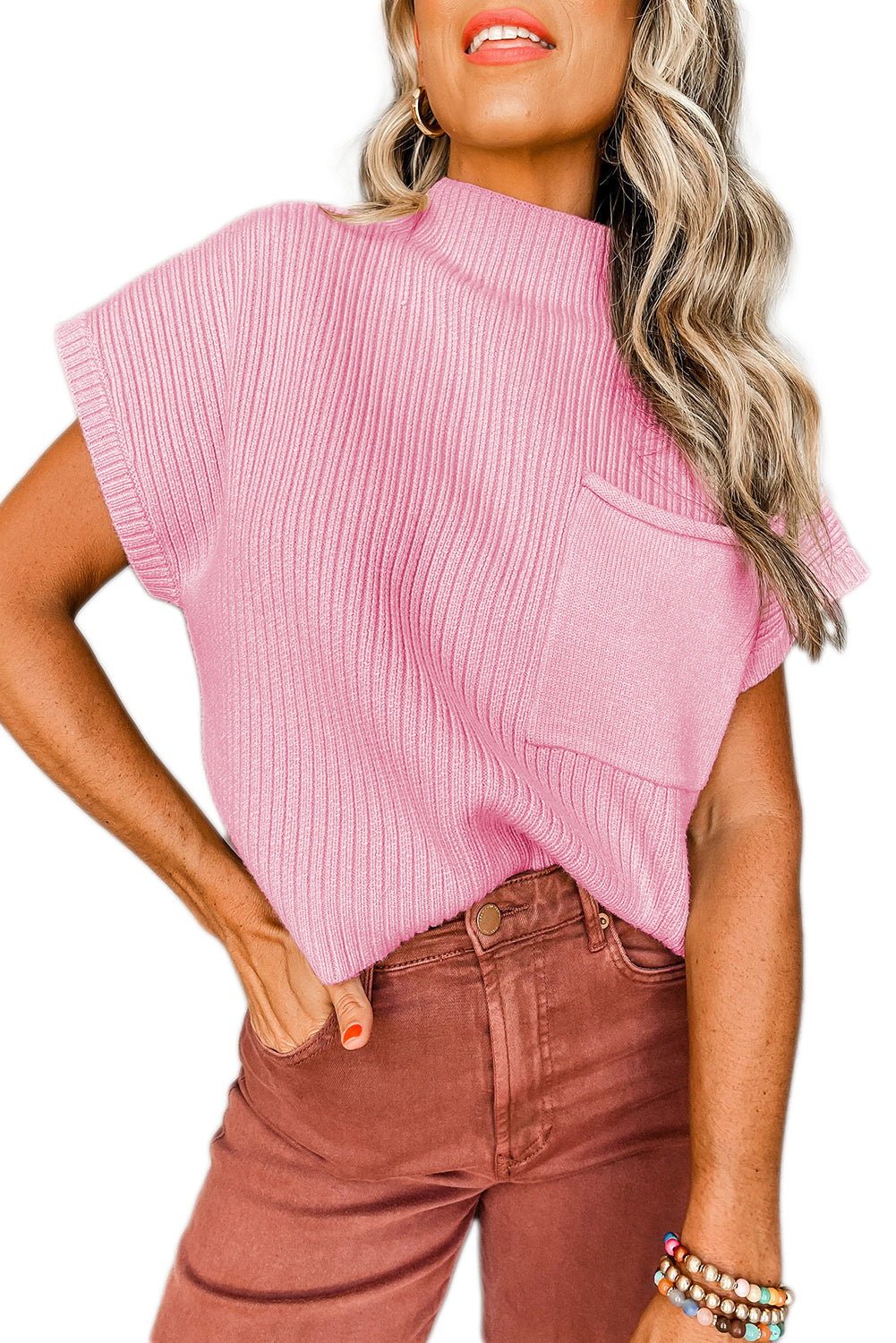 Pink Patch Pocket Ribbed Knit Short Sleeve Sweater Sweaters & Cardigans JT's Designer Fashion