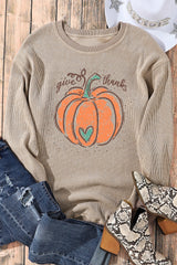 Khaki Give Thanks Pumpkin Graphic Corded Sweatshirt Graphic Sweatshirts JT's Designer Fashion