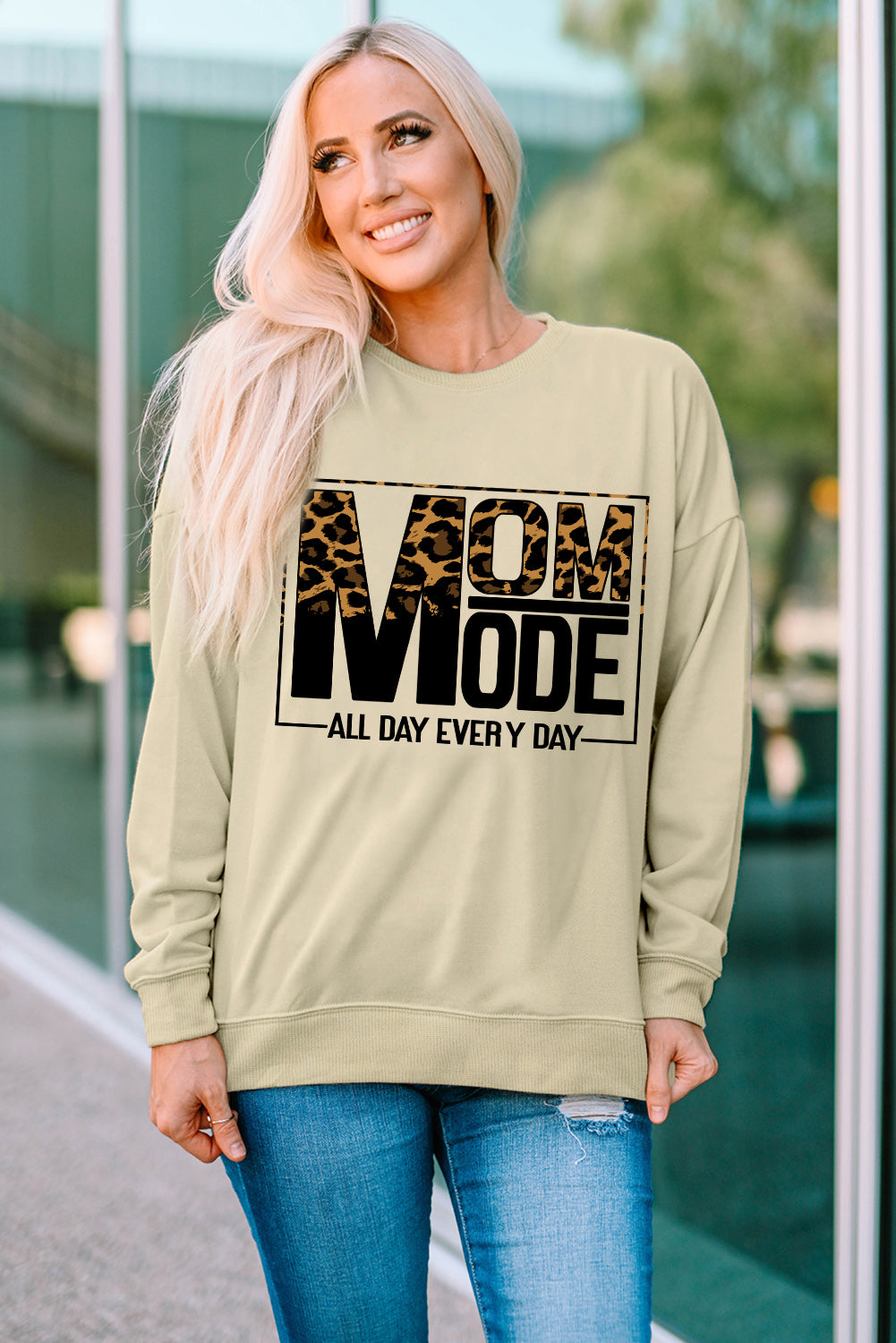 Khaki MOM MODE Leopard Print Long Sleeve Sweatshirt Graphic Sweatshirts JT's Designer Fashion
