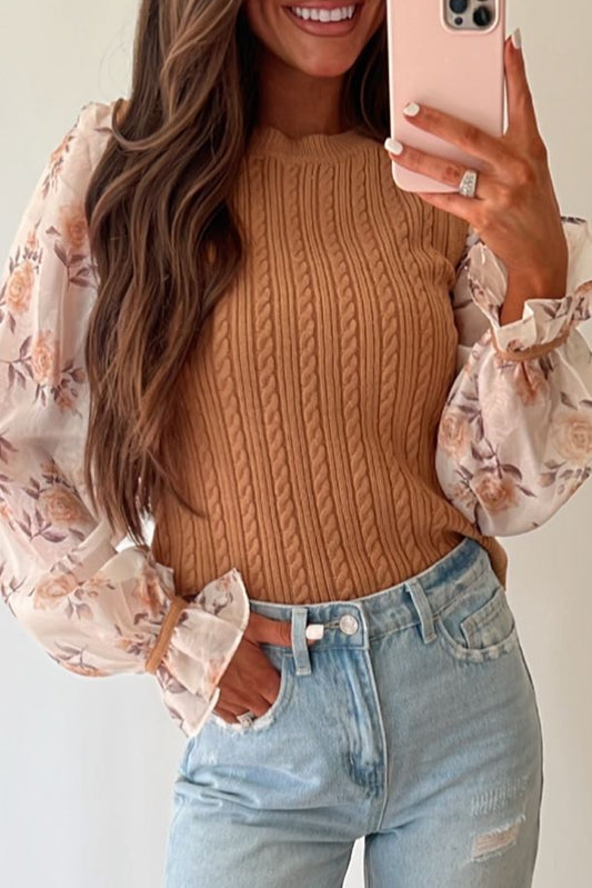 Sheepskin Floral Patchwork Ruffled Cuff Cable Knit Sweater Sweaters & Cardigans JT's Designer Fashion
