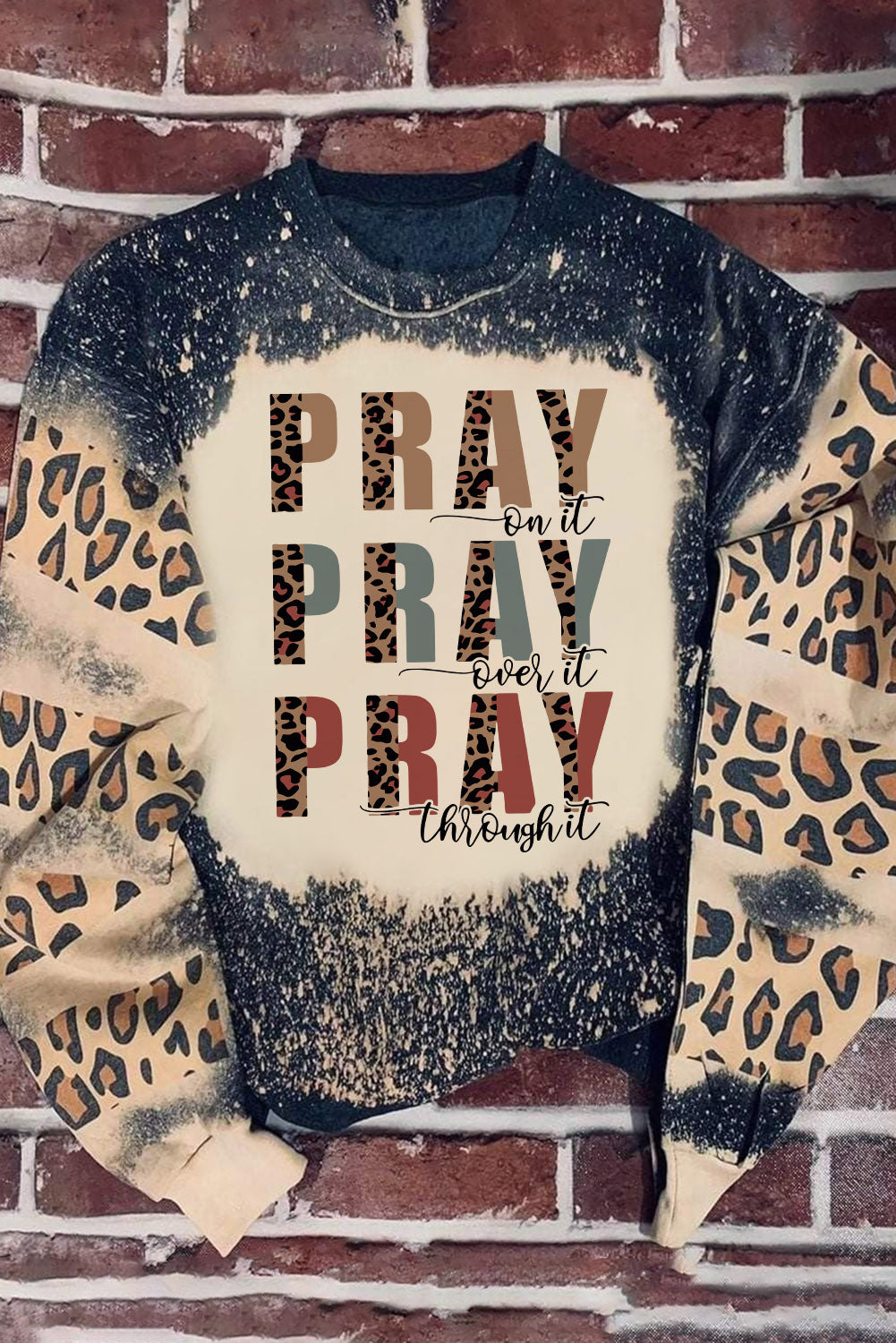 Black PRAY Letter Leopard Bleached Color Block Sweatshirt Black 95%Polyester+5%Elastane Graphic Sweatshirts JT's Designer Fashion