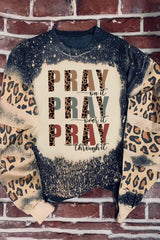 Black PRAY Letter Leopard Bleached Color Block Sweatshirt Black 95%Polyester+5%Elastane Graphic Sweatshirts JT's Designer Fashion