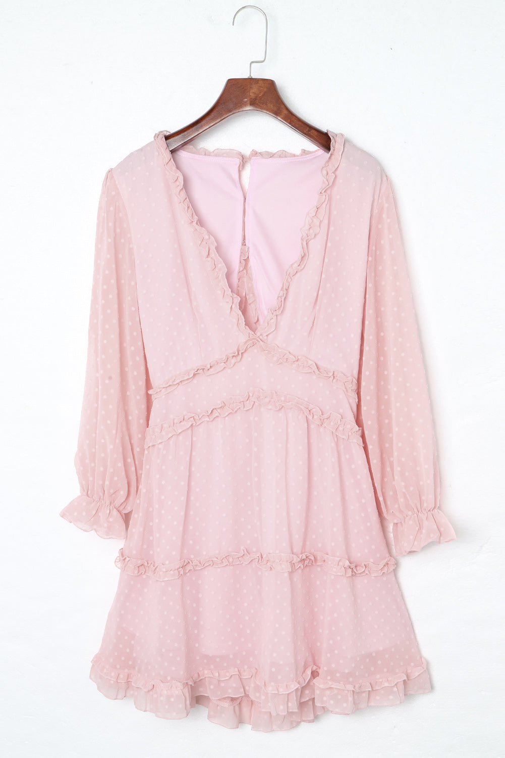 Pink Layered Ruffled Open Back Puff Sleeve Swiss Dot Mini Dress Mini Dresses JT's Designer Fashion