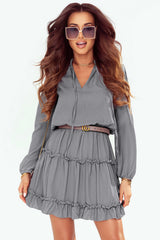 Gray V Neck Long Sleeve Ruffle Tiered Mini Dress Mini Dresses JT's Designer Fashion