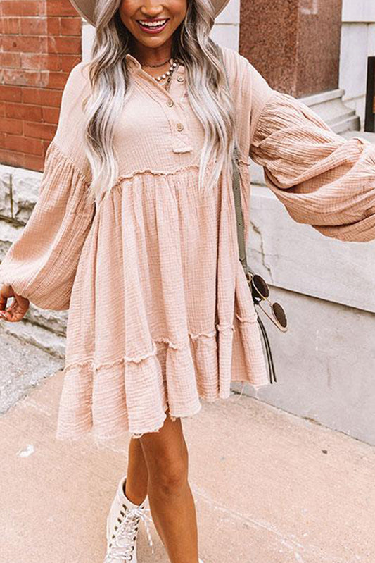 Oatmeal Crinkle Distressed Puff Sleeve Flared Dress Dresses JT's Designer Fashion