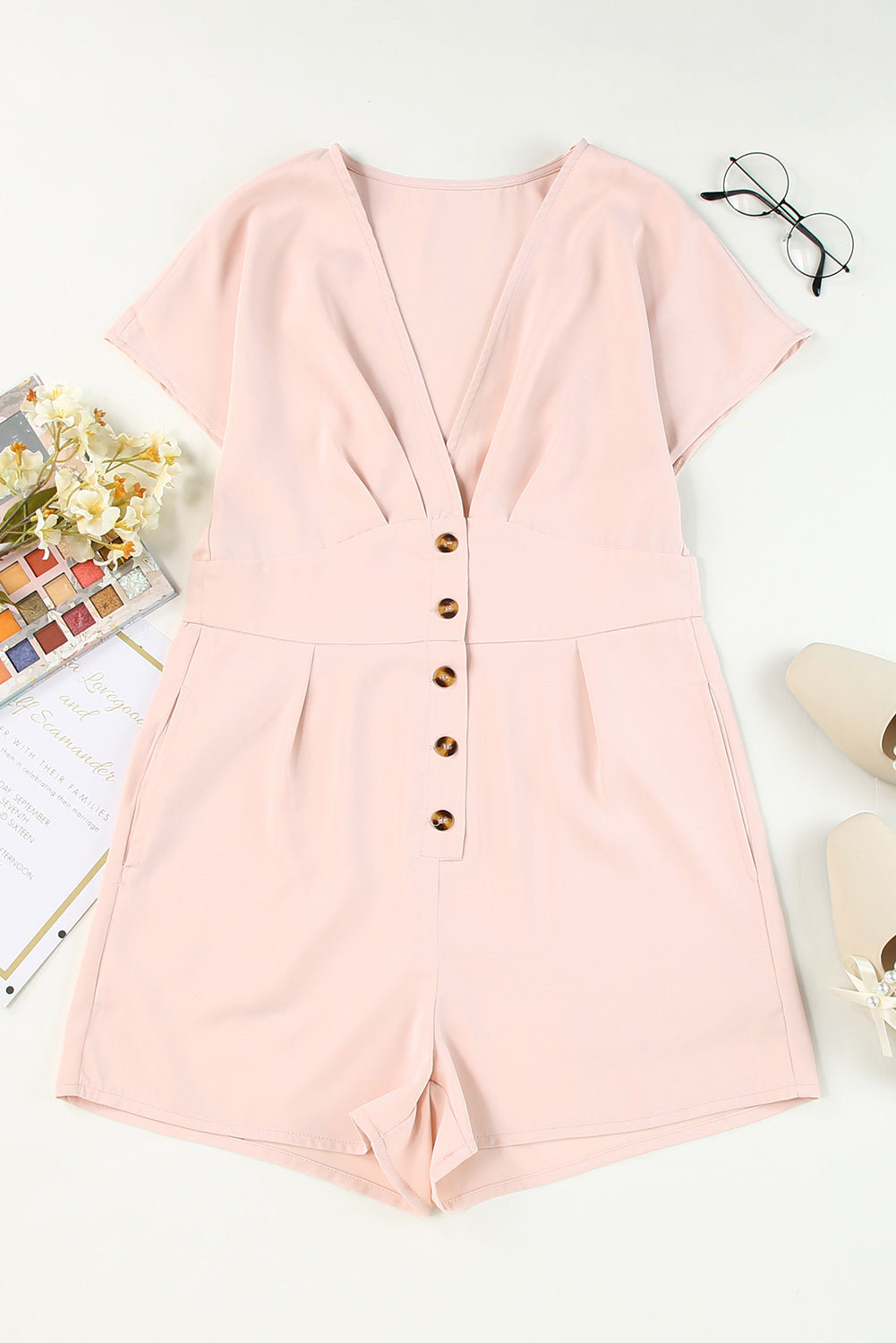 Pink Deep V Neck Buttoned High Waist Romper Jumpsuits & Rompers JT's Designer Fashion