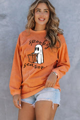 Orange Spooky Season Ghost Print Ribbed Pullover Sweatshirt Graphic Sweatshirts JT's Designer Fashion