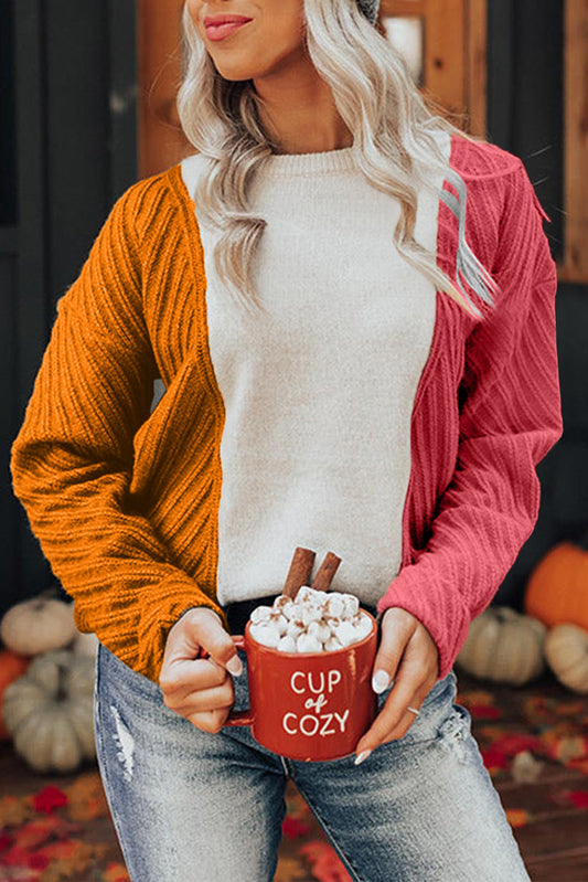 Multicolor Colorblock Textured Drop Shoulder Sweater Sweaters & Cardigans JT's Designer Fashion