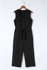 Black Buttoned Sleeveless Cropped Jumpsuit with Sash Jumpsuits & Rompers JT's Designer Fashion