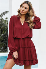 V Neck Long Sleeve Ruffle Tiered Mini Dress Mini Dresses JT's Designer Fashion