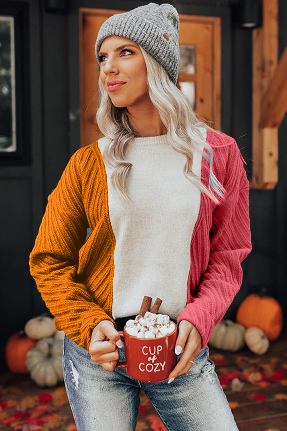 Multicolor Colorblock Textured Drop Shoulder Sweater Sweaters & Cardigans JT's Designer Fashion