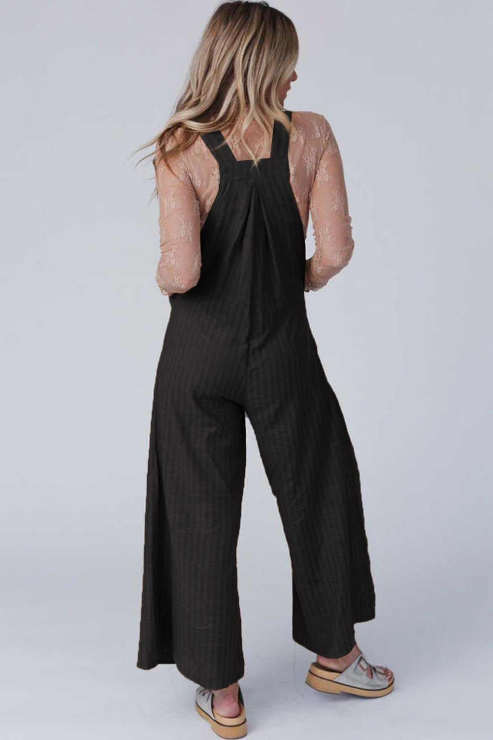 Black Striped Pleated Wide Leg Pocketed Jumpsuit Bottoms JT's Designer Fashion