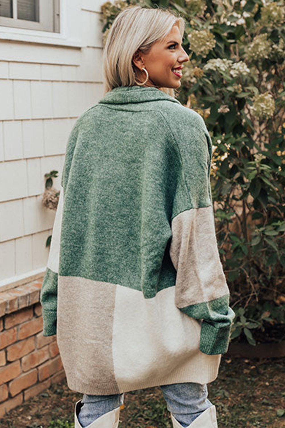 Green Colorblock Draped Open Front Chunky Cardigan Sweaters & Cardigans JT's Designer Fashion