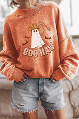 Orange BOO HAW Ghost Halloween Print Drop Sleeve Sweatshirt Orange 75%Polyester+25%Cotton Graphic Sweatshirts JT's Designer Fashion
