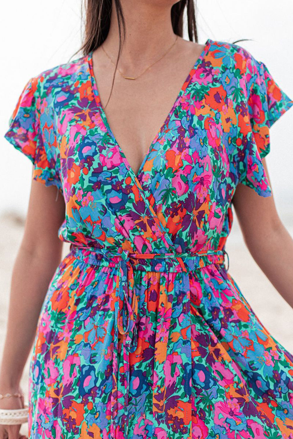Blue V-neck ruffled floral split dress Dresses JT's Designer Fashion