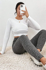 Dark Grey Wide Waistband Ribbed Textured Knit Leggings Bottoms JT's Designer Fashion