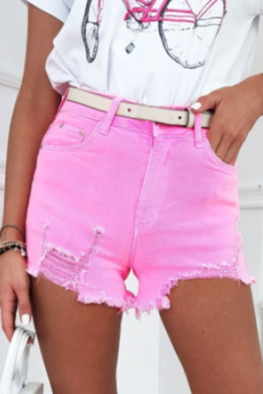 Rose Solid Color Distressed Denim Shorts Denim Shorts JT's Designer Fashion