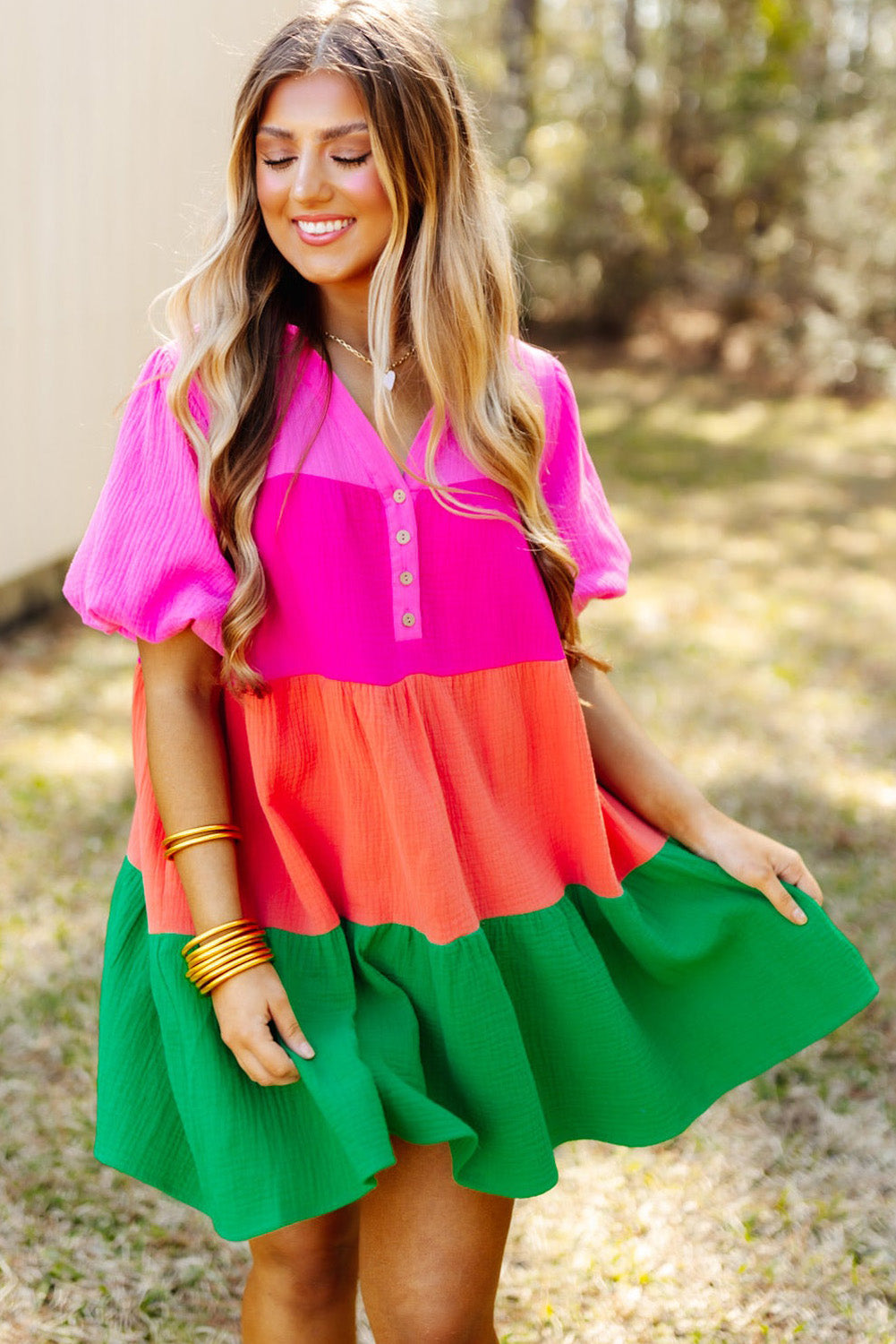 Multicolor Color Block Tiered Puff Sleeve Dress Mini Dresses JT's Designer Fashion