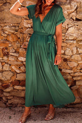 Blackish Green Wrap V-neck Pleated Short Sleeve Maxi Dress Dresses JT's Designer Fashion