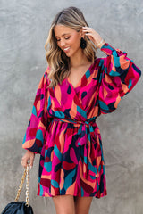 Red Abstract Printed Belted Puff Sleeve Mini Dress Mini Dresses JT's Designer Fashion