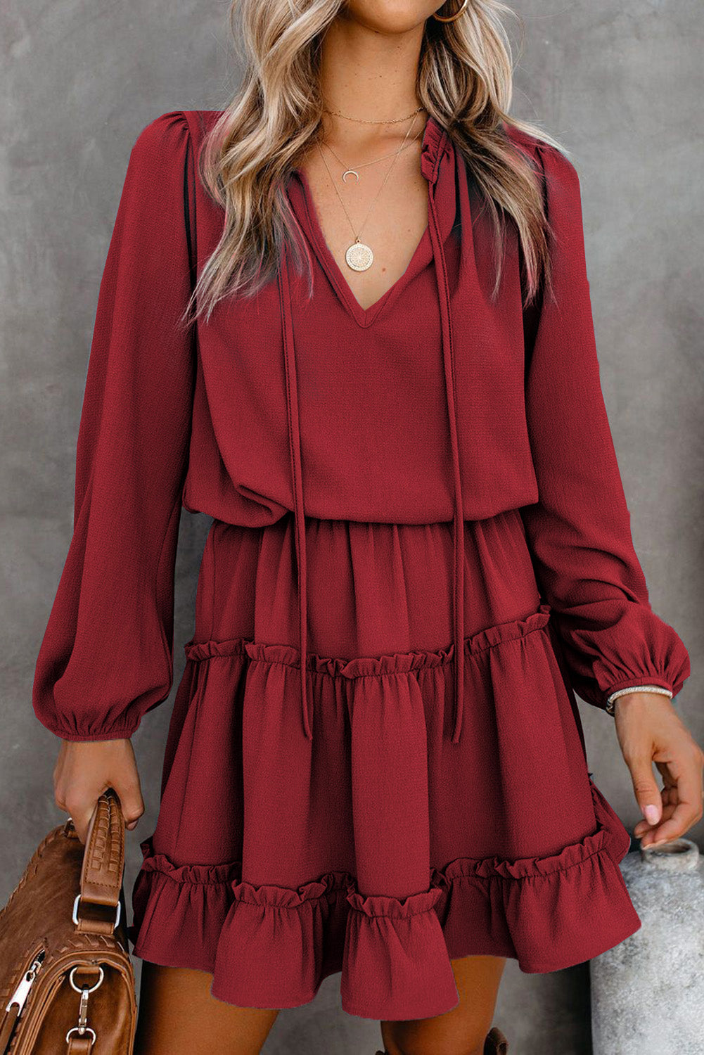 V Neck Long Sleeve Ruffle Tiered Mini Dress Mini Dresses JT's Designer Fashion