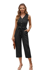Black Buttoned Sleeveless Cropped Jumpsuit with Sash Jumpsuits & Rompers JT's Designer Fashion