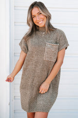 Simply Taupe Patch Pocket Ribbed Knit Short Sleeve Sweater Dress Dresses JT's Designer Fashion