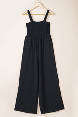 Black Smocked Sleeveless Wide Leg Jumpsuit with Pockets Jumpsuits & Rompers JT's Designer Fashion