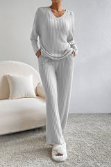 Light Grey Ribbed Knit V Neck Slouchy Two-piece Outfit Bottoms JT's Designer Fashion