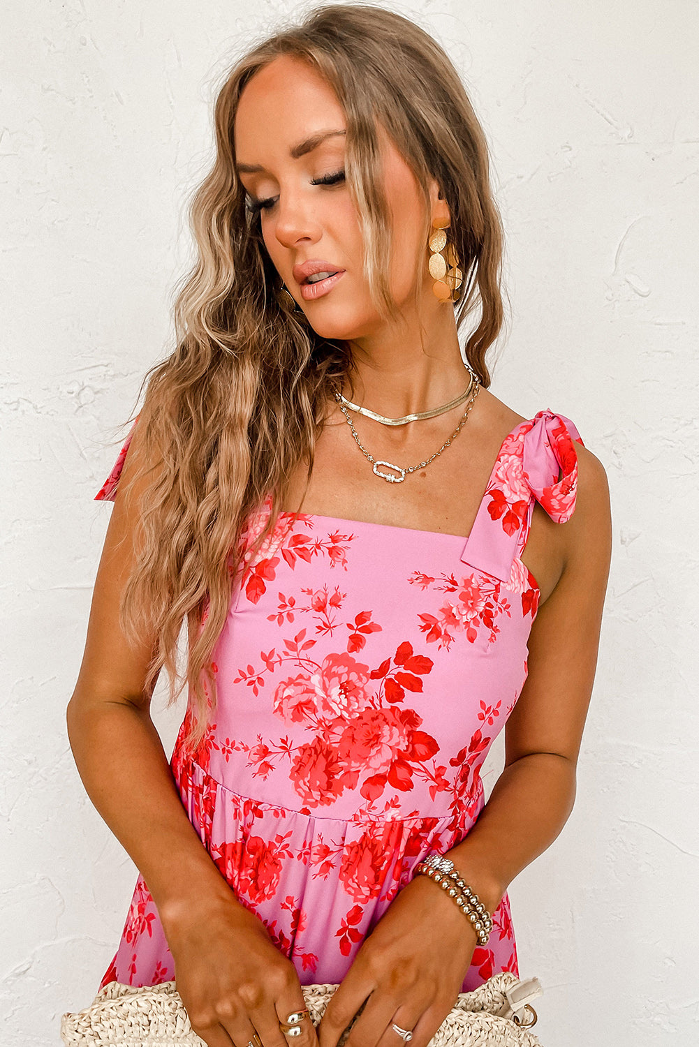 Pink Tie Shoulder Straps Floral Ruffle Tiered Dress Dresses JT's Designer Fashion