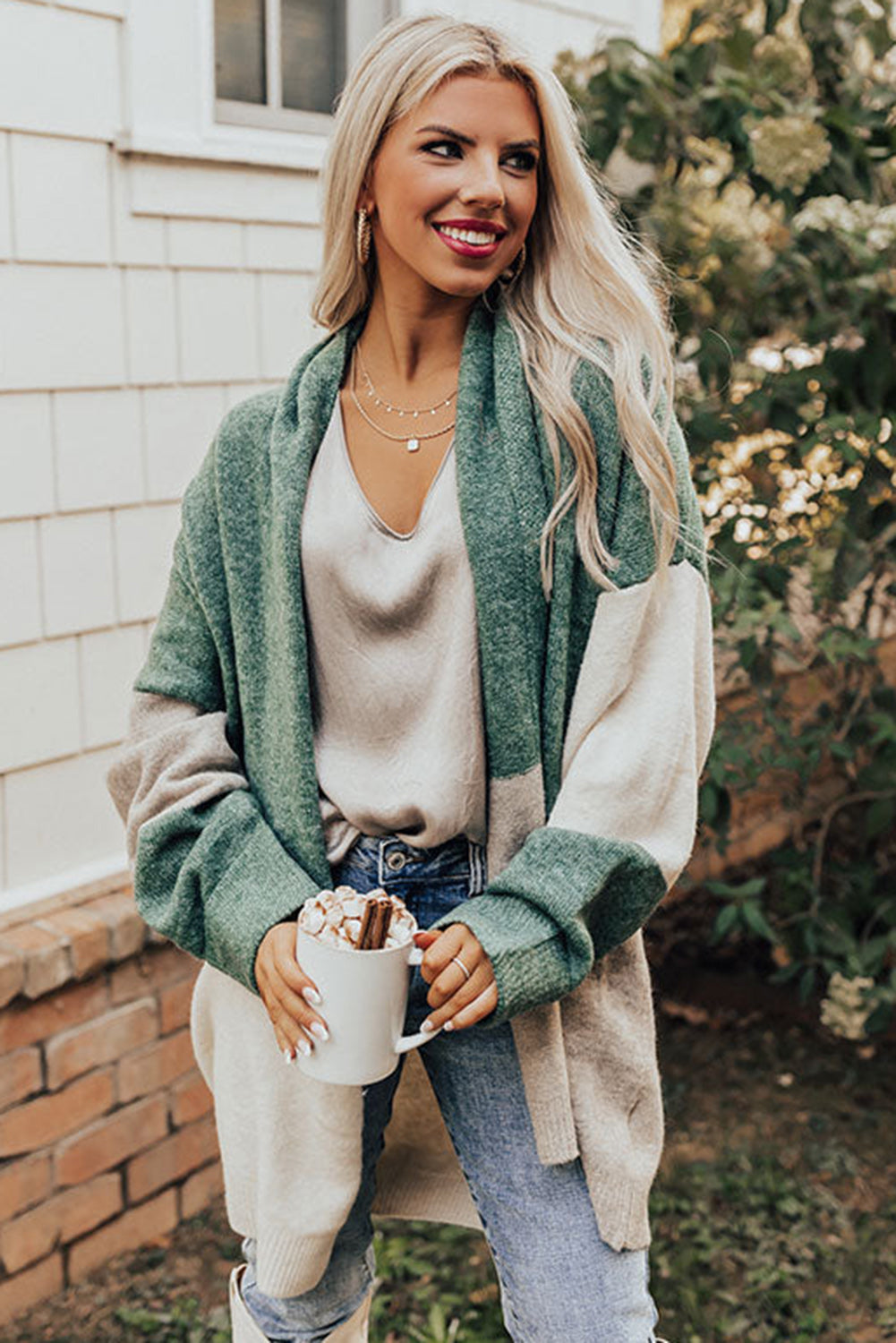 Green Colorblock Draped Open Front Chunky Cardigan Sweaters & Cardigans JT's Designer Fashion