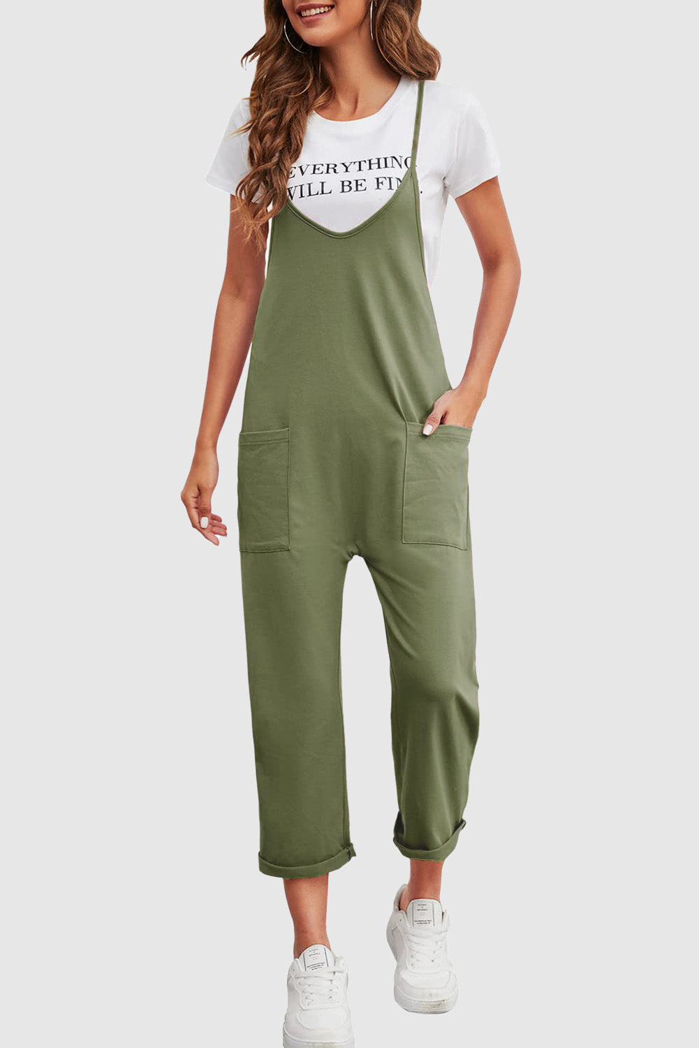 Green Pocketed Adjustable Spaghetti Strap Straight Leg Jumpsuit Jumpsuits & Rompers JT's Designer Fashion