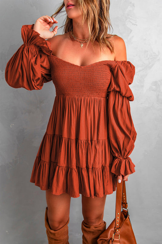 Brown Boho Solid Shirred Ruffle Mini Dress Mini Dresses JT's Designer Fashion