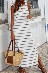 White Stripe Print Open Back Sleeveless Long Dress with Slits Maxi Dresses JT's Designer Fashion