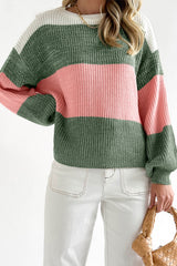 Green-2 Pink Colorblock Drop Shoulder Pullover Loose Sweater Sweaters & Cardigans JT's Designer Fashion