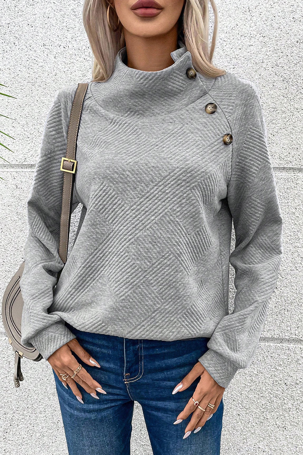 Gray Solid Button Detail Sweatshirt Sweatshirts & Hoodies JT's Designer Fashion