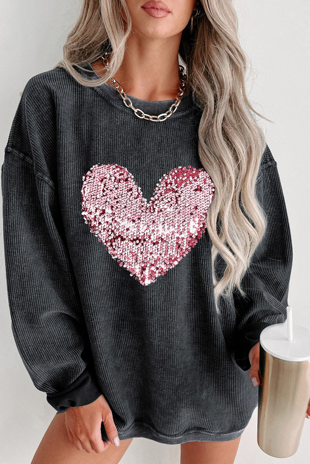 Black Sequin Heart Shaped Crewneck Corded Sweatshirt Black 100%Polyester Graphic Sweatshirts JT's Designer Fashion