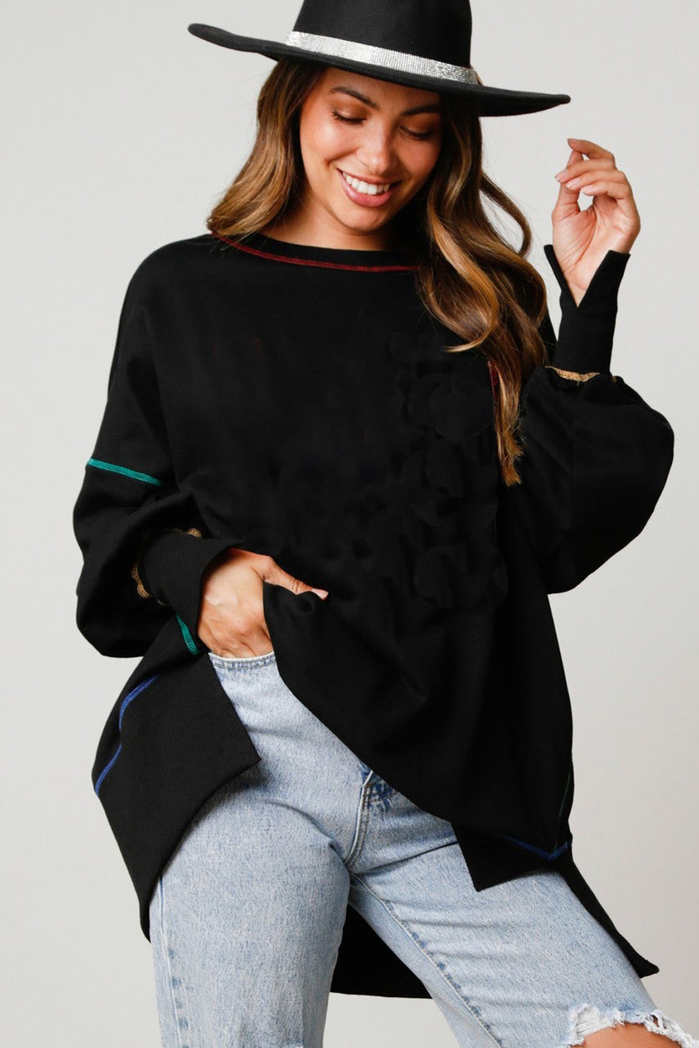 Black Contrast Stitching Split Baggy Sweatshirt Sweatshirts & Hoodies JT's Designer Fashion