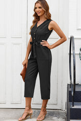 Black Buttoned Sleeveless Cropped Jumpsuit with Sash Jumpsuits & Rompers JT's Designer Fashion