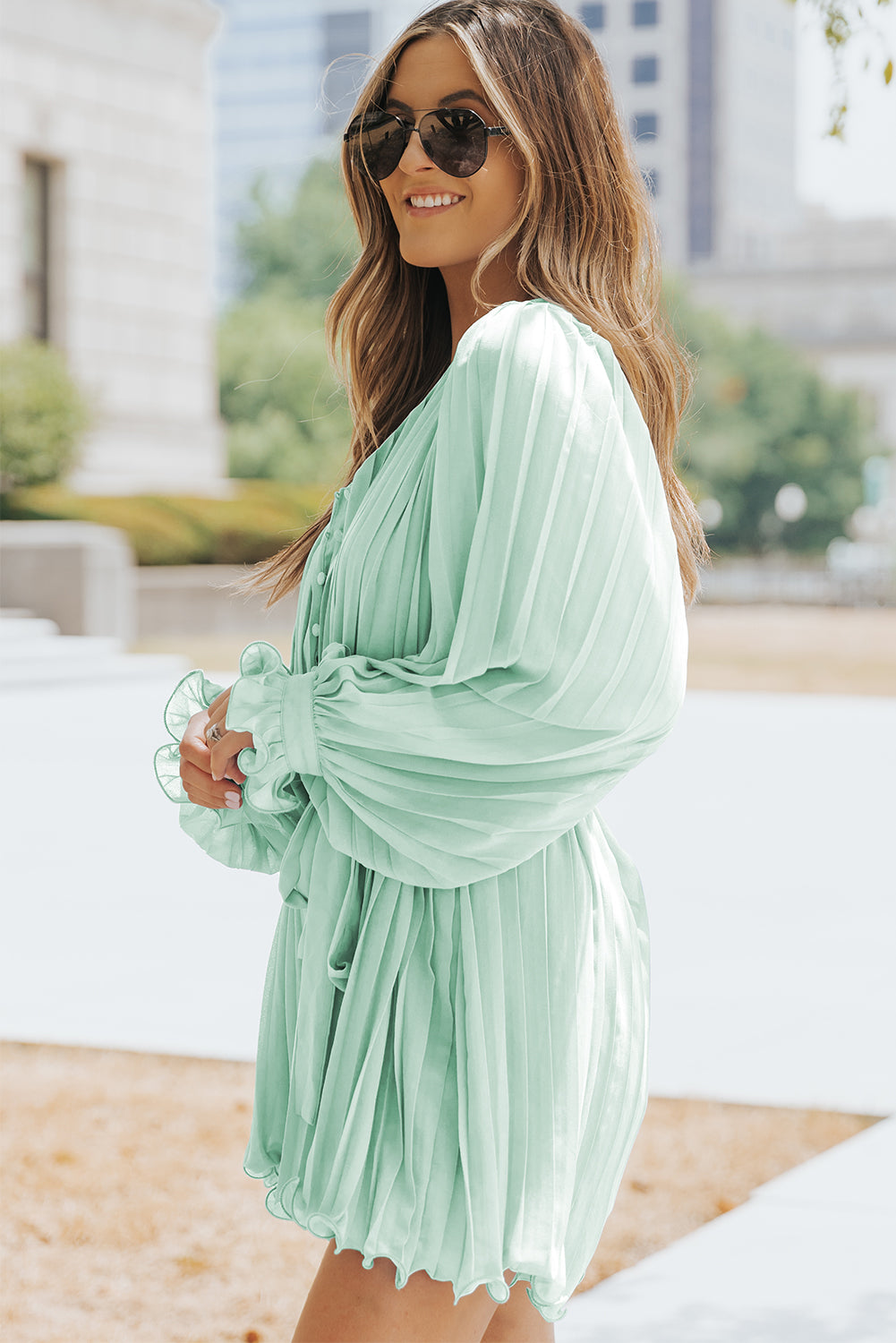Green Pleated Ruffled Tie Waist Buttons V Neck Romper Jumpsuits & Rompers JT's Designer Fashion
